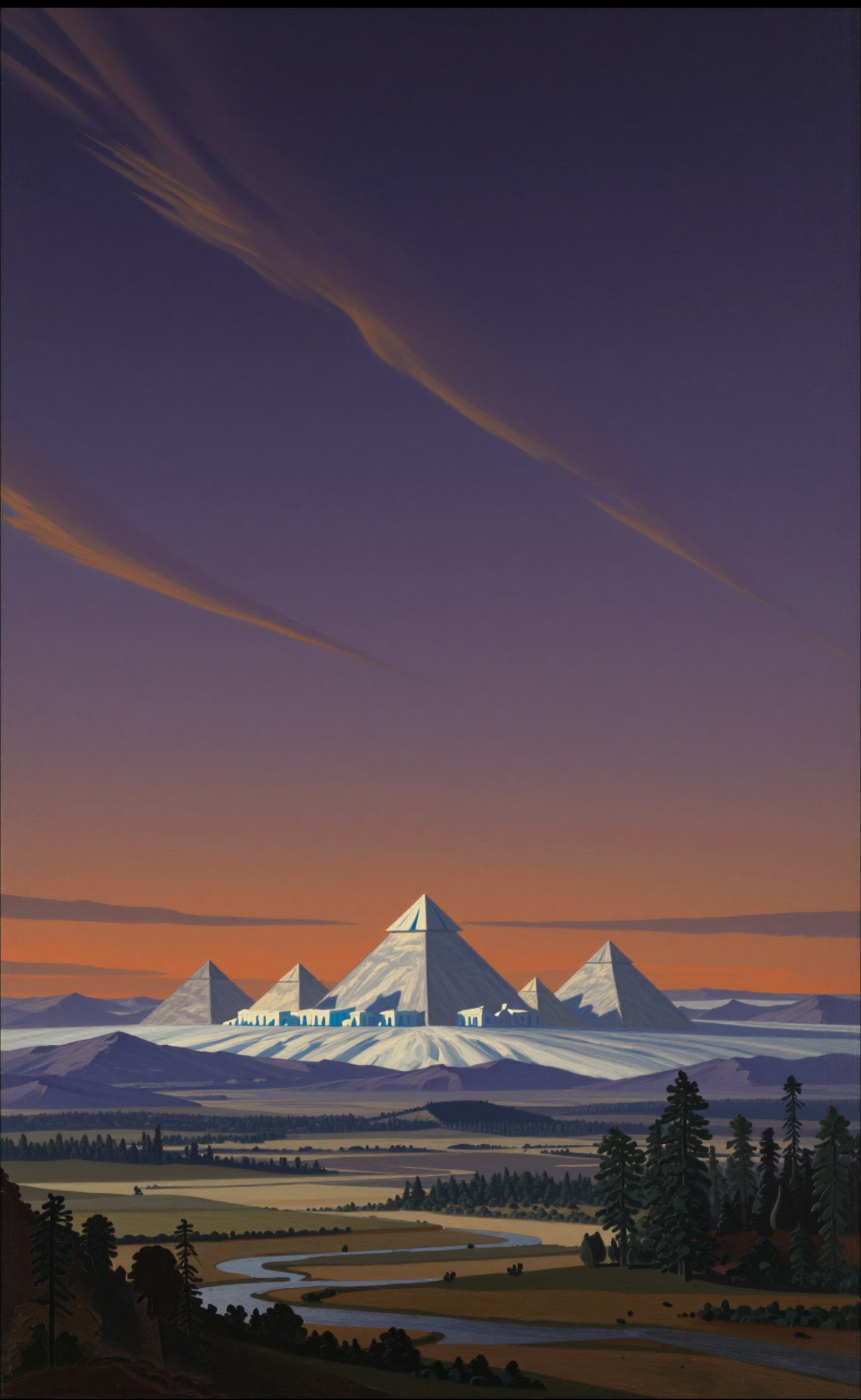 Painted sky and distant landscape