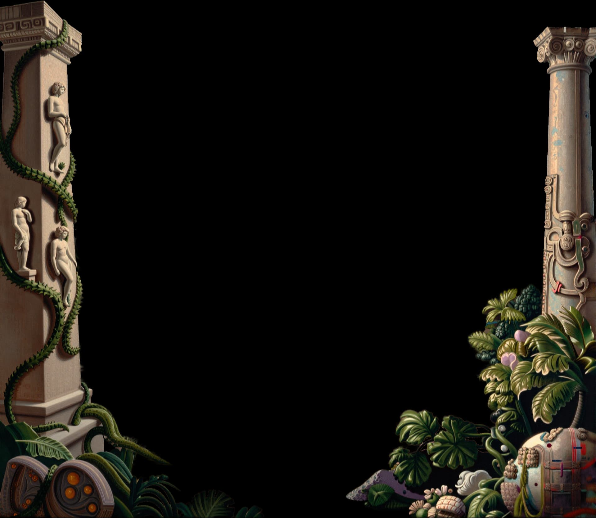 Foreground pillars and foliage